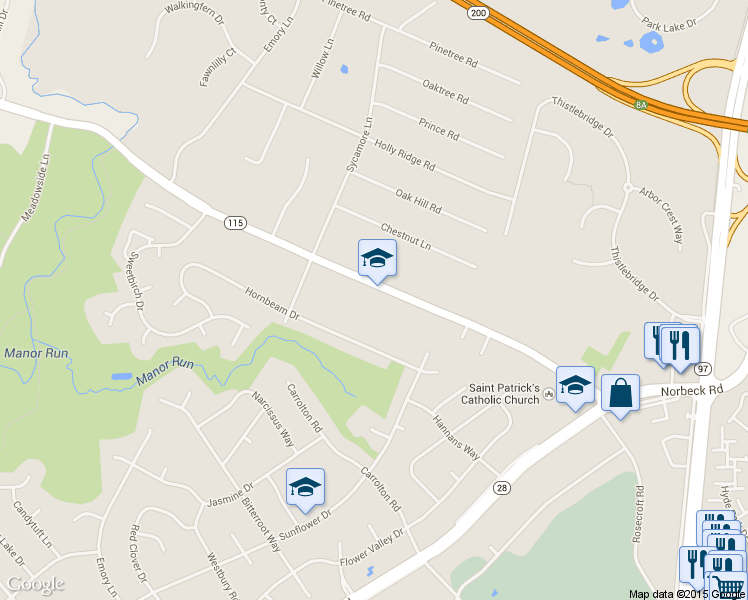 map of restaurants, bars, coffee shops, grocery stores, and more near 4500 Muncaster Mill Road in Rockville