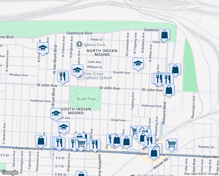 map of restaurants, bars, coffee shops, grocery stores, and more near St John Ave & Drury Ave in Kansas City
