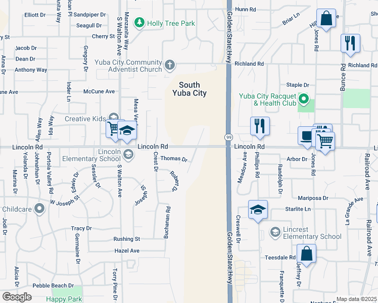 map of restaurants, bars, coffee shops, grocery stores, and more near 1408 Lincoln Road in Yuba City