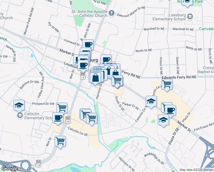map of restaurants, bars, coffee shops, grocery stores, and more near 209 Royal Street Southeast in Leesburg
