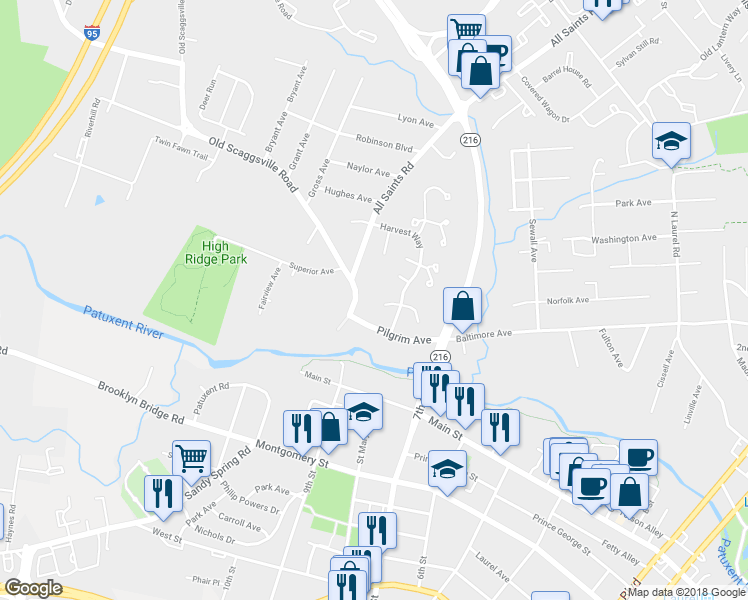 map of restaurants, bars, coffee shops, grocery stores, and more near 9443 Riverbrink Court in Laurel