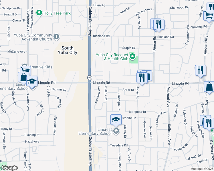 map of restaurants, bars, coffee shops, grocery stores, and more near 1183 John Wayne Drive in Yuba City