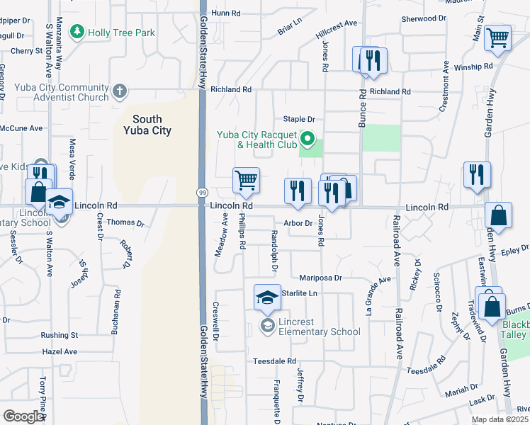 map of restaurants, bars, coffee shops, grocery stores, and more near 1127 John Wayne Drive in Yuba City