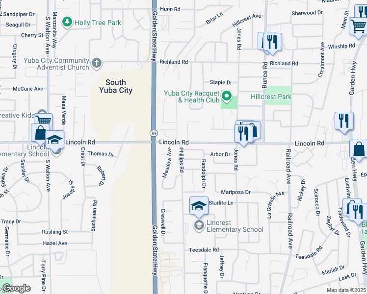 map of restaurants, bars, coffee shops, grocery stores, and more near 1183 John Wayne Drive in Yuba City