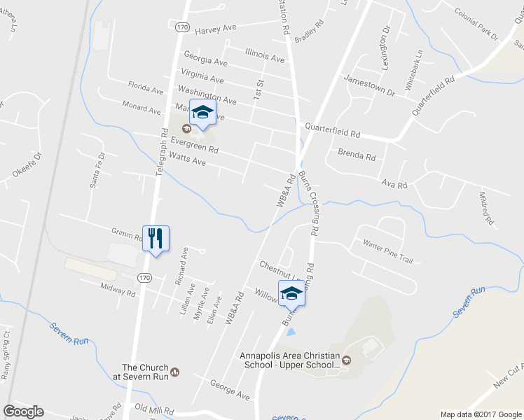 map of restaurants, bars, coffee shops, grocery stores, and more near 8336 WB&A Road in Severn