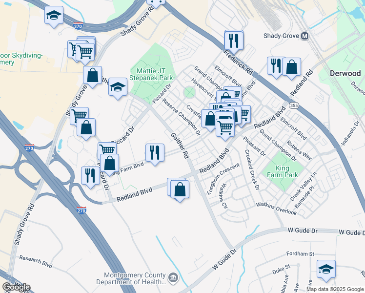 map of restaurants, bars, coffee shops, grocery stores, and more near 503 King Farm Boulevard in Rockville