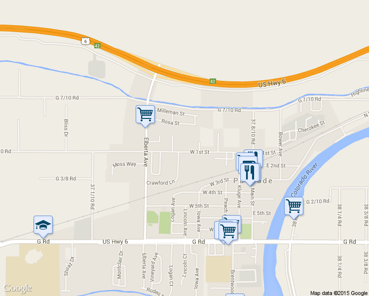 map of restaurants, bars, coffee shops, grocery stores, and more near 468 West 1st Street in Palisade