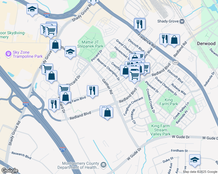 map of restaurants, bars, coffee shops, grocery stores, and more near 503 King Farm Boulevard in Rockville