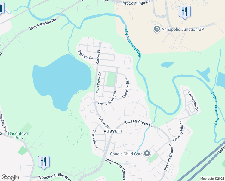 map of restaurants, bars, coffee shops, grocery stores, and more near 3002 Spice Bush Road in Laurel