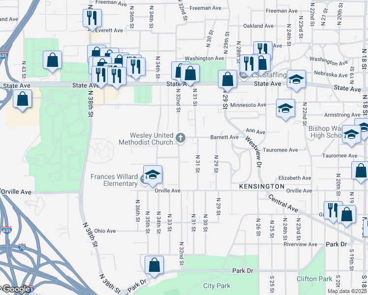 map of restaurants, bars, coffee shops, grocery stores, and more near 631 N 32nd St in Kansas City