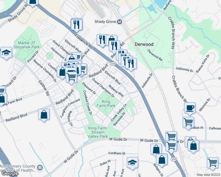 map of restaurants, bars, coffee shops, grocery stores, and more near 408 Robena Way in Rockville