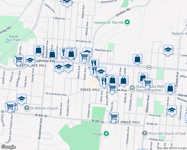 map of restaurants, bars, coffee shops, grocery stores, and more near 3741 Warsaw Avenue in Cincinnati