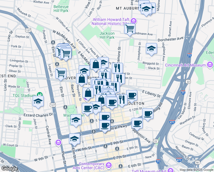 map of restaurants, bars, coffee shops, grocery stores, and more near in Cincinnati