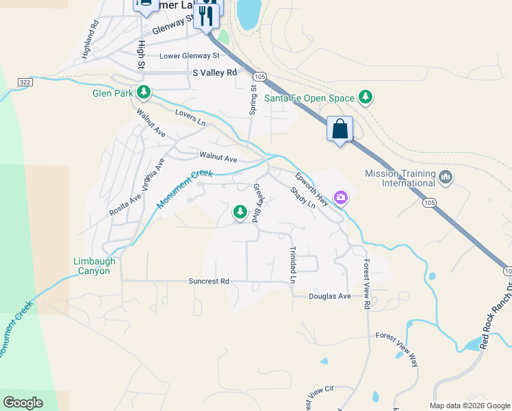 map of restaurants, bars, coffee shops, grocery stores, and more near 536 Greeley Boulevard in Palmer Lake