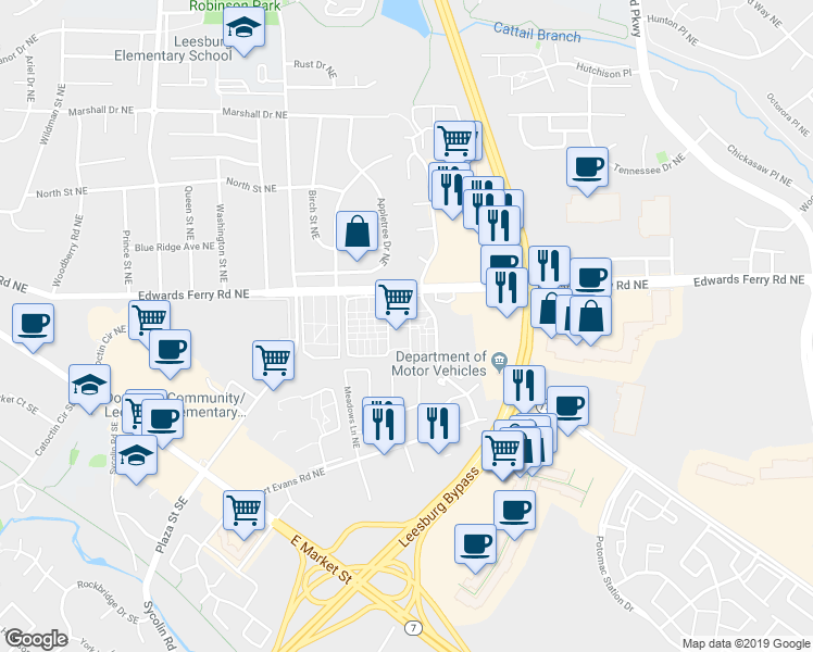map of restaurants, bars, coffee shops, grocery stores, and more near 85 Adams Drive Northeast in Leesburg