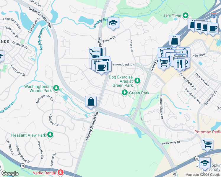 map of restaurants, bars, coffee shops, grocery stores, and more near 177 Crossbow Lane in Gaithersburg