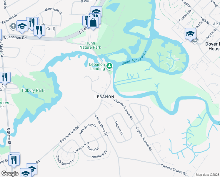 map of restaurants, bars, coffee shops, grocery stores, and more near 1230 Sorghum Mill Road in Dover