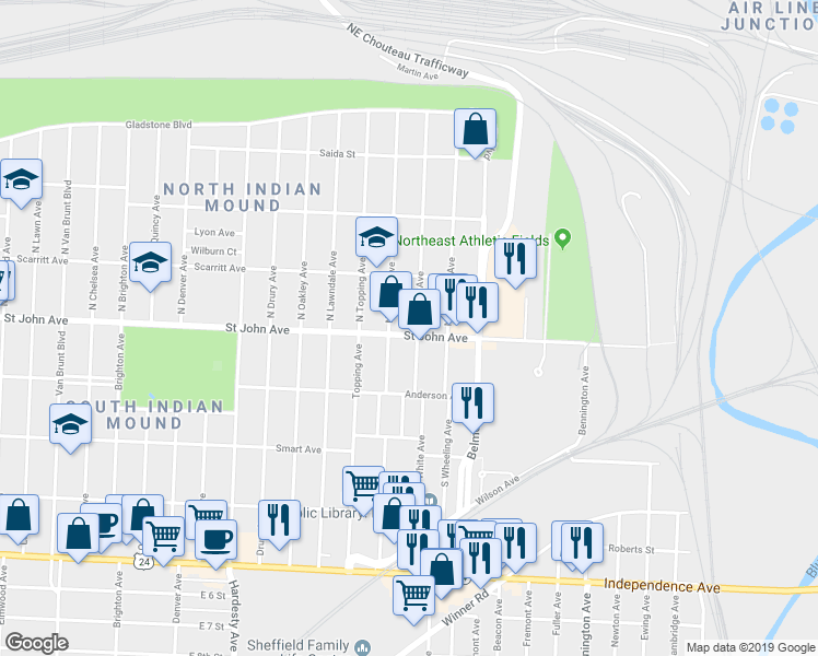 map of restaurants, bars, coffee shops, grocery stores, and more near 5918 Saint John Avenue in Kansas City