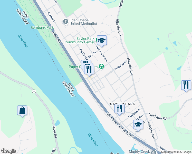 map of restaurants, bars, coffee shops, grocery stores, and more near 6571 Parkland Avenue in Cincinnati