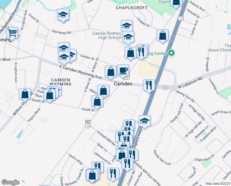 map of restaurants, bars, coffee shops, grocery stores, and more near 25 South Main Street in Camden