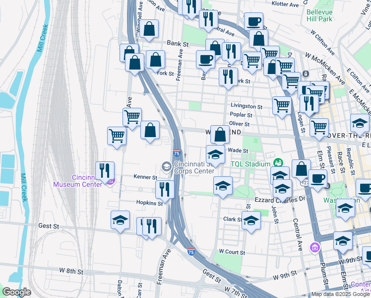 map of restaurants, bars, coffee shops, grocery stores, and more near Winchell Avenue in Cincinnati