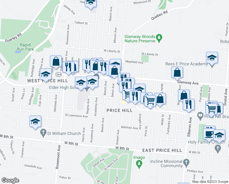 map of restaurants, bars, coffee shops, grocery stores, and more near 1122 Seton Avenue in Cincinnati
