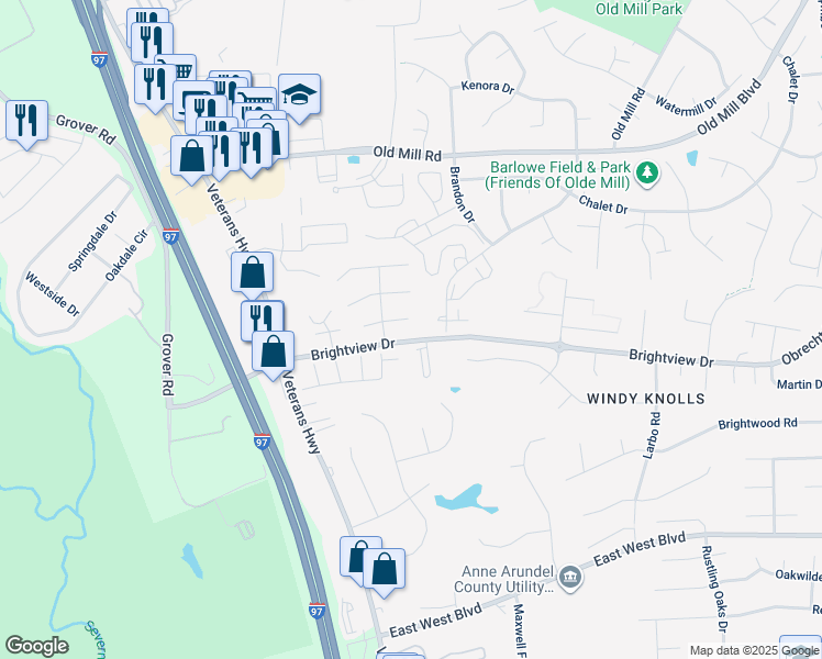map of restaurants, bars, coffee shops, grocery stores, and more near 605 East Wheat Mill Court in Millersville