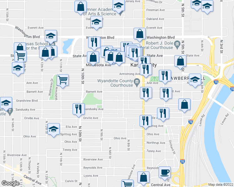 map of restaurants, bars, coffee shops, grocery stores, and more near 813 Barnett Avenue in Kansas City