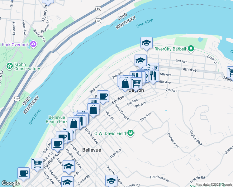 map of restaurants, bars, coffee shops, grocery stores, and more near 420 5th Ave in Dayton