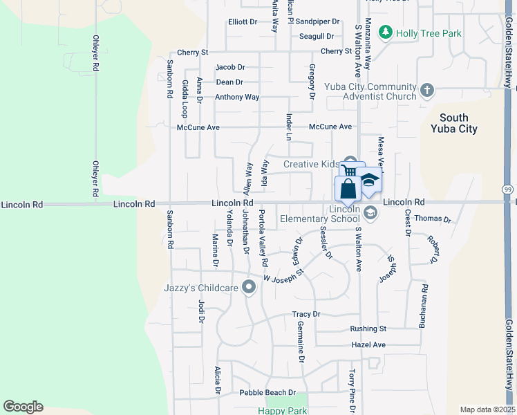 map of restaurants, bars, coffee shops, grocery stores, and more near 1011 Portola Valley Road in Yuba City