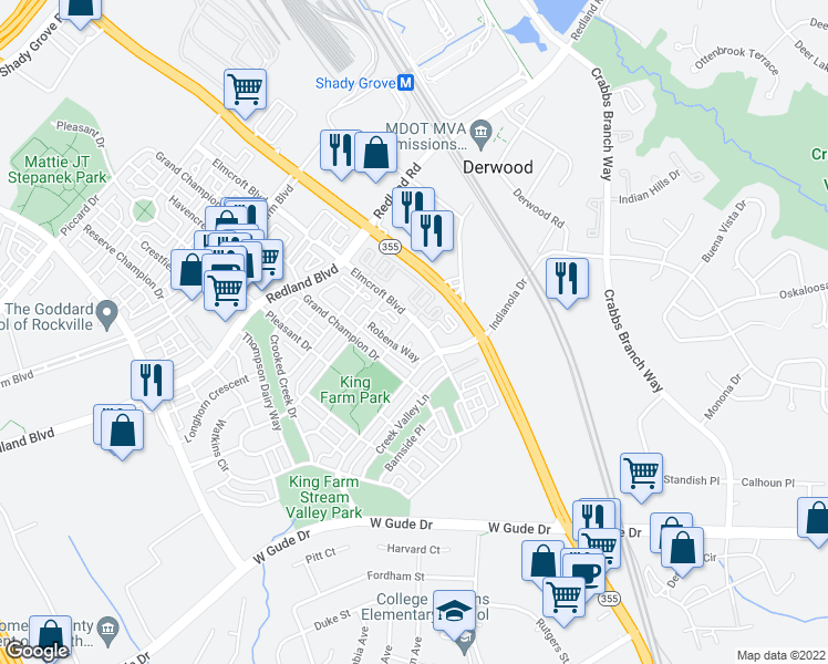 map of restaurants, bars, coffee shops, grocery stores, and more near 340 Elmcroft Boulevard in Rockville