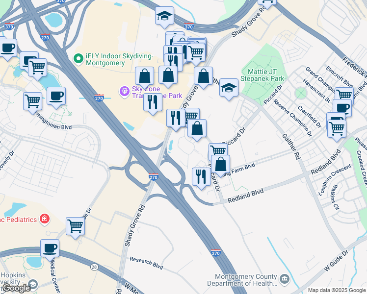 map of restaurants, bars, coffee shops, grocery stores, and more near 3 Choke Cherry Road in Rockville