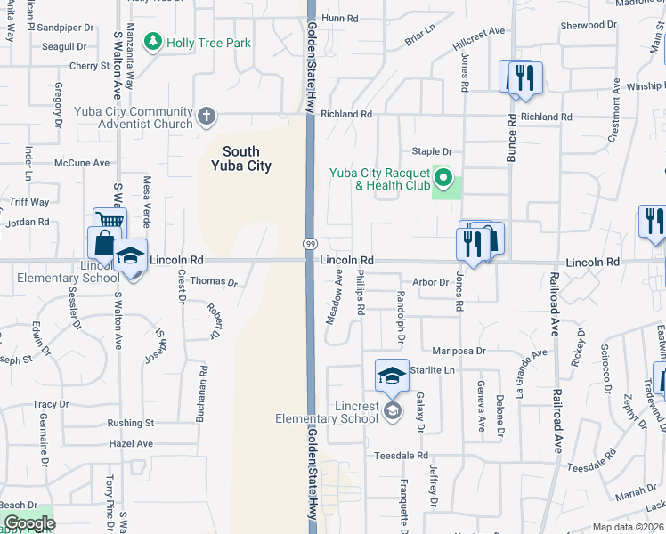 map of restaurants, bars, coffee shops, grocery stores, and more near 1019 Meadow Avenue in Yuba City