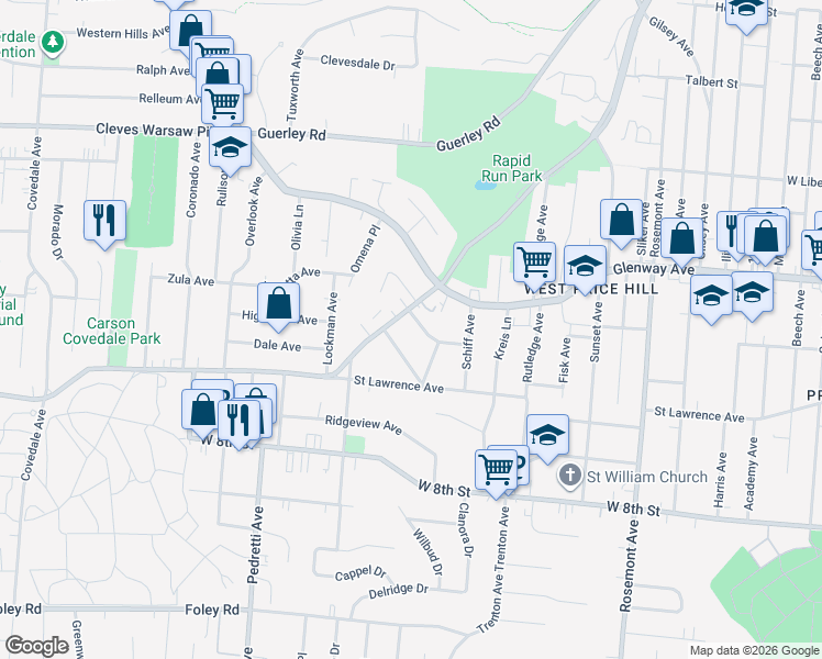 map of restaurants, bars, coffee shops, grocery stores, and more near 4627 Midland Avenue in Cincinnati