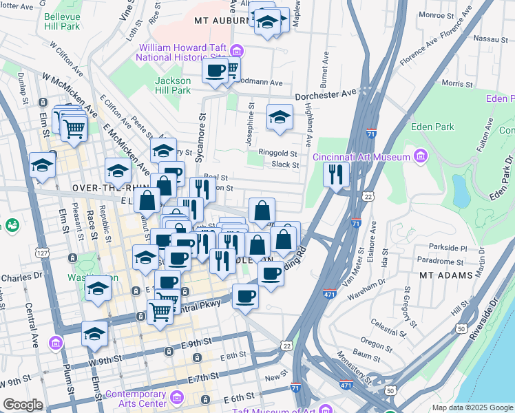 map of restaurants, bars, coffee shops, grocery stores, and more near 446 Liberty Hill in Cincinnati