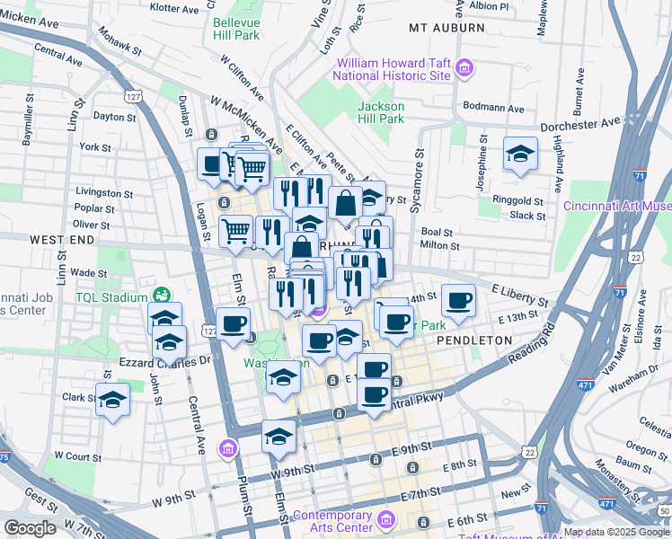 map of restaurants, bars, coffee shops, grocery stores, and more near 1447 Walnut Street in Cincinnati