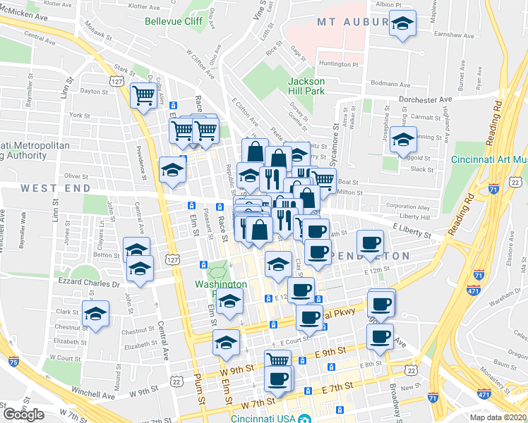 map of restaurants, bars, coffee shops, grocery stores, and more near 1447 Walnut Street in Cincinnati