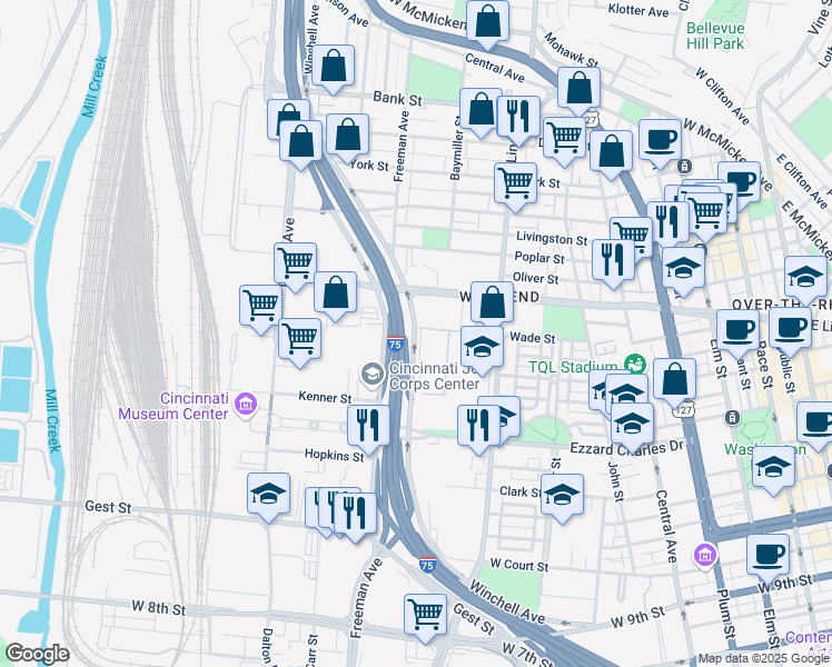 map of restaurants, bars, coffee shops, grocery stores, and more near 925 Wade St in Cincinnati