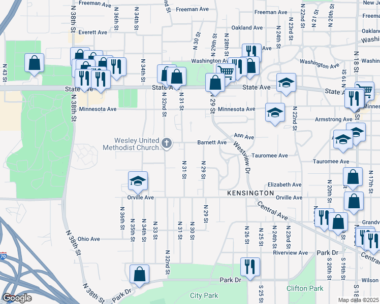 map of restaurants, bars, coffee shops, grocery stores, and more near 635 North 31 Street in Kansas City