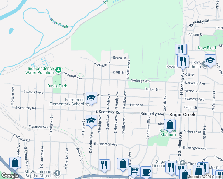 map of restaurants, bars, coffee shops, grocery stores, and more near 211 N Ash Ave in Independence