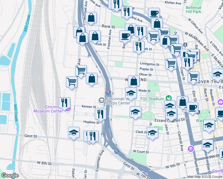 map of restaurants, bars, coffee shops, grocery stores, and more near 925 Wade Street in Cincinnati