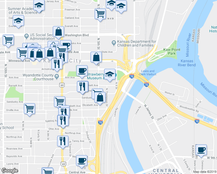 map of restaurants, bars, coffee shops, grocery stores, and more near 535 North Thompson Street in Kansas City