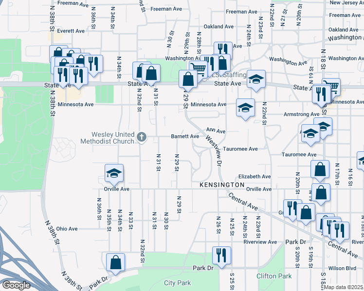 map of restaurants, bars, coffee shops, grocery stores, and more near 631 North 29 Street in Kansas City