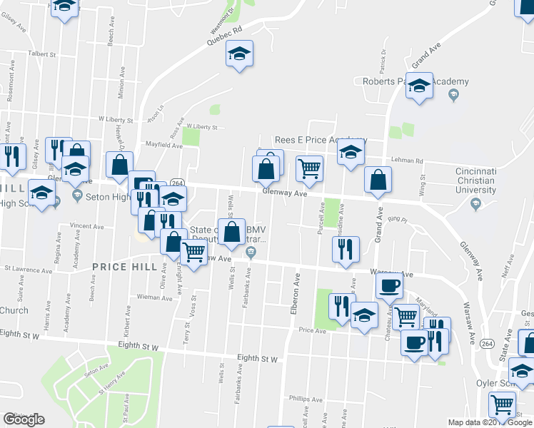 map of restaurants, bars, coffee shops, grocery stores, and more near 1111 Woodlawn Avenue in Cincinnati