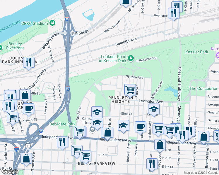 map of restaurants, bars, coffee shops, grocery stores, and more near 1837 Pendleton Avenue in Kansas City