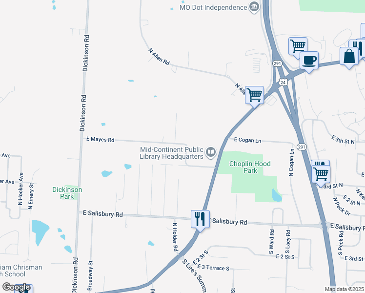 map of restaurants, bars, coffee shops, grocery stores, and more near 15301 East Mayes Road in Independence