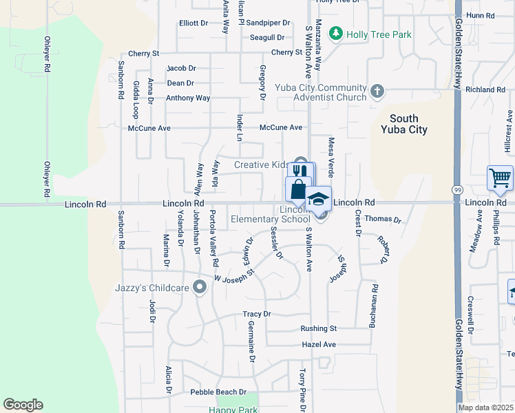 map of restaurants, bars, coffee shops, grocery stores, and more near 1018 Petty Court in Yuba City