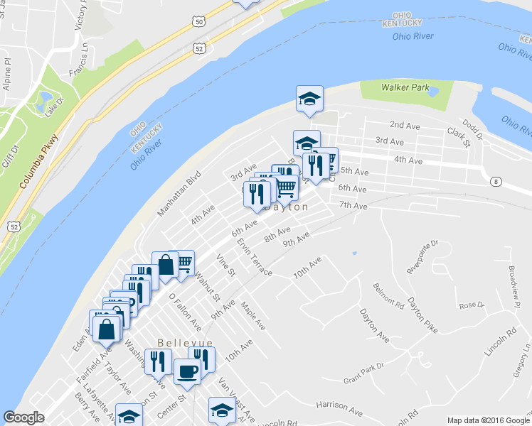 map of restaurants, bars, coffee shops, grocery stores, and more near 509 6th Ave in Dayton