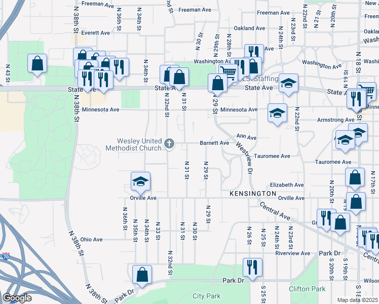 map of restaurants, bars, coffee shops, grocery stores, and more near 635 North 31 Street in Kansas City