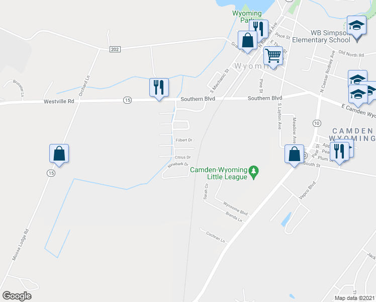 map of restaurants, bars, coffee shops, grocery stores, and more near 62 Pepperwood Drive in Wyoming